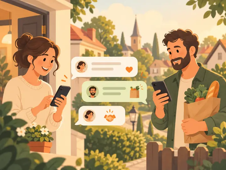 Illustration: Zwei Nachbarn stimmen sich freundlich per Chat ab.